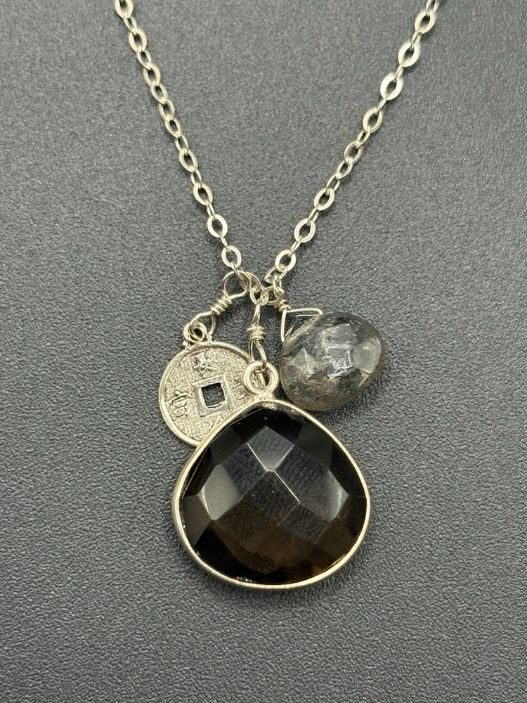 16″ Vintage Sterling Silver Smoky Quartz Pendant Necklace 925 C30