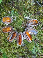 Silver Modernist Amber Big Baltic Bracelet Brutalist Abstract Design Artisan