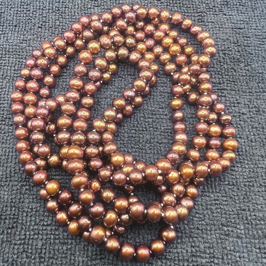 Vintage Glass Beaded Necklace Copper Tone Knotted 70″ Flapper Opera .7mm