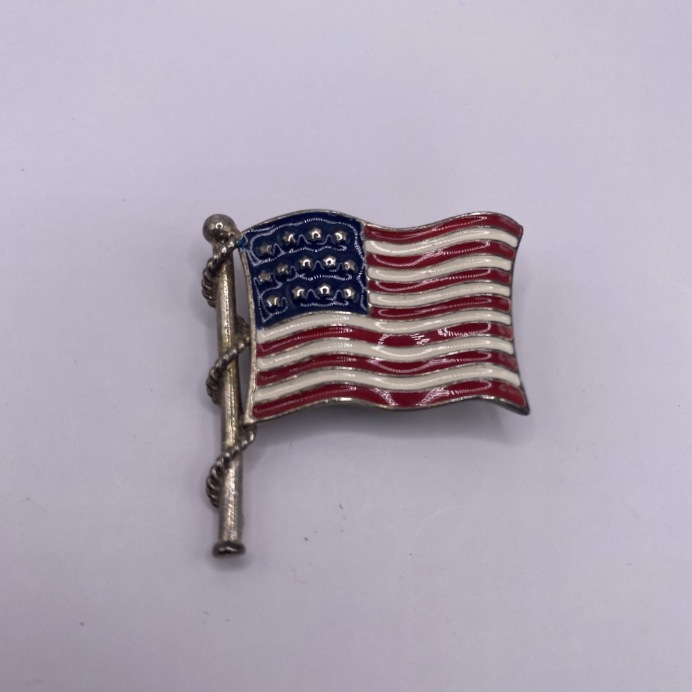 Vintage American Flag Brooch Pin Silver Tone USA Red White And Blue Old Glory