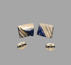 Vintage Heavy Taxco S925 Lapis Lazuli Chunky Earrings With Original Backings
