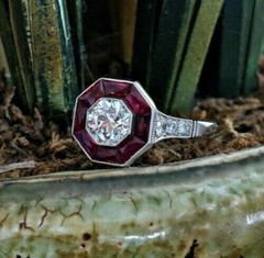 Art Deco Lab-Created Diamond & Garnet Hexagonal Frame 14K White Gold Finish Ring