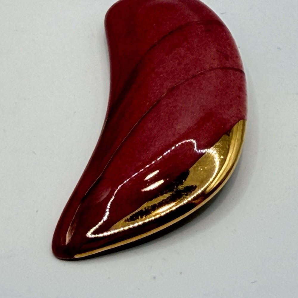 Modern Glazed Ceramic Art Modernist Brutalist Brooch Pin Burgundy /Gold