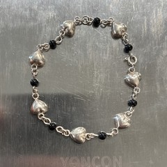 Vintage Sterling Silver Puffed Heart And Black Onyx Bead Link Bracelet