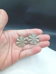 Art Deco Revival Clip On Earrings Fan 3D MCM Vintage Round Silver Tone 1″