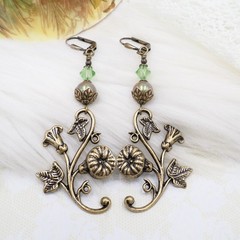 Art Nouveau Floral Brass Earrings Green Crystal Dangle Leverback Vintage Style