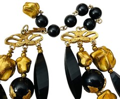 VTG DEAUVILLE LUCITE BLACK GOLD TRIPLE STRAND BEADS METAL SIGNED NECKLACE 12-14”