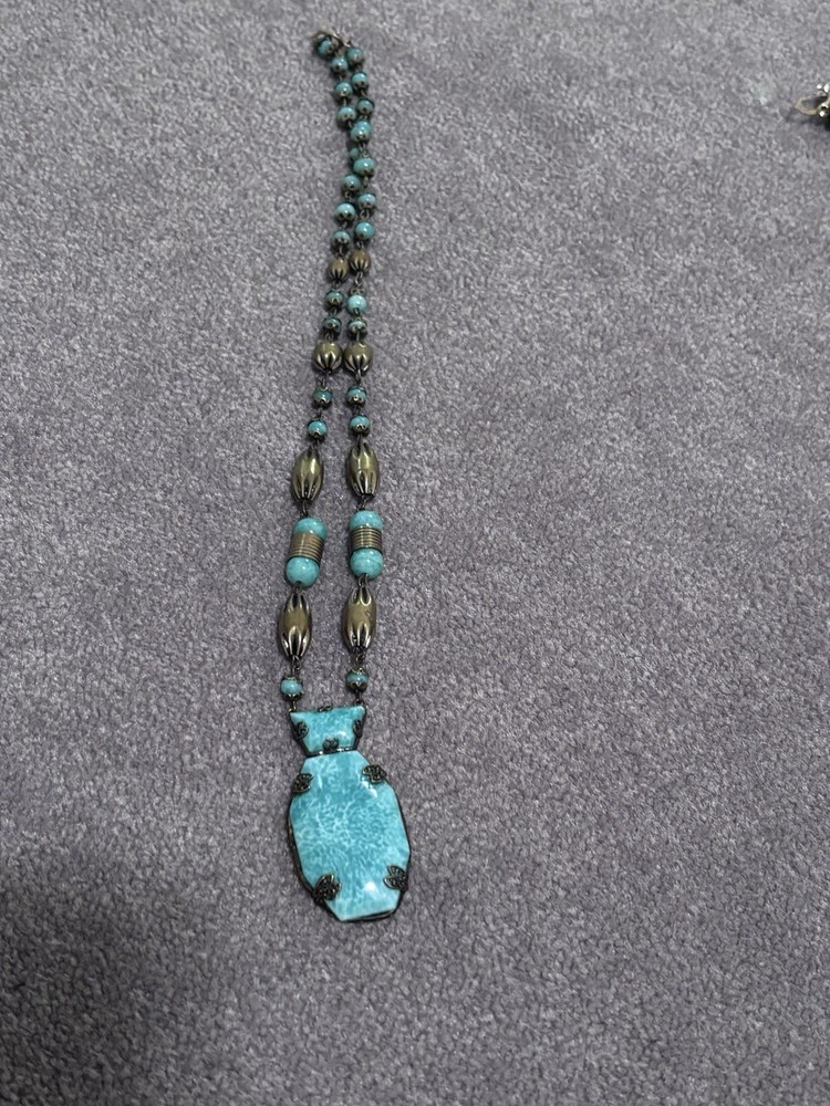 Gold Filled Clasp Stone Pendant Necklace Turquoise? Brass? Beads