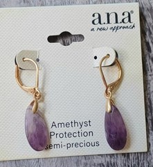 Vintage Natural Amethyst Stone Goldtone Dangle Leverback Earrings