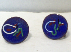 Blue Red Enamel Copper Earrings Round Mid Century Modern Circle MCM Retro Vtg