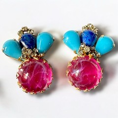 Scaasi Earrings Signed Poured Glass Clip On Pink Turquoise Vintage Statement