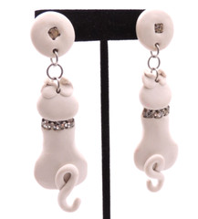 White Cat Kitty Earrings READ Vintage 80s Clay Ceramic Rhinestone Dangle Clip-On