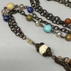 Bohemian Tassel Pendant Necklace Designer Assorted Gemstones Brown Chain 36″