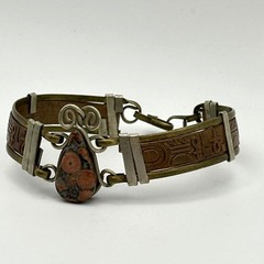Leather Jasper Stone Bracelet Egyptian Revival Vintage Brass 6.75 in