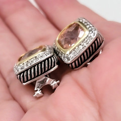 Vintage Crystal CZ Pink Topaz Gold & Silver Tone Detail Earrings & Pendant Set