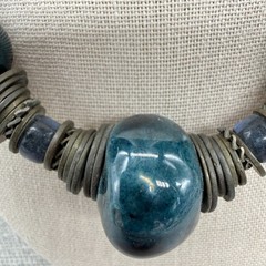 Vintage Necklace 1970s Blue Ceramic Beads Metal Disc Spacers Bohemian 16.5 Inche