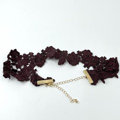 Vintage Retro Dark Burgundy Lace Rose Floral Choker Necklace Gold Tone Jewelry