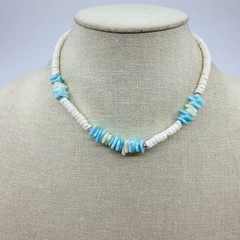Vintage Silver Tone Turquoise Color Heishi Bead Necklace Shell Chip Strand Boho