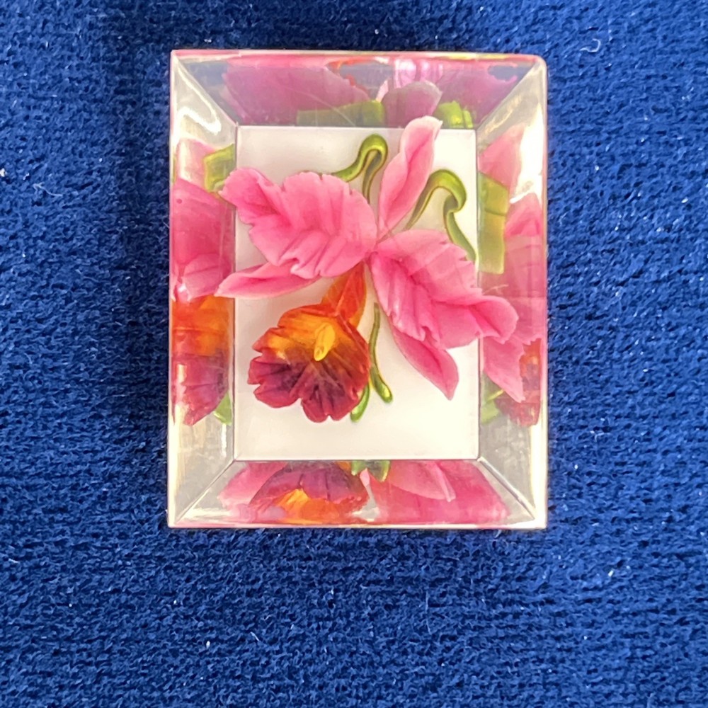 Vintage Reverse Carved Lucite Orchid Brooch White Back 1 1/8” x 7/8”
