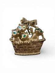 Four Green-Eyed Kitty Cat Kittens in Basket Pin Brooch Gold Tone Metal AJC