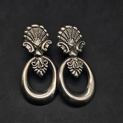 Silver Tone Art Nouveau Earrings Ornate Door Knocker Pierced Post Vintage