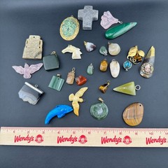 Vintage Gemstone Pendant Charm Lot Jade Quartz Agate Tigers Eye Jasper 25+