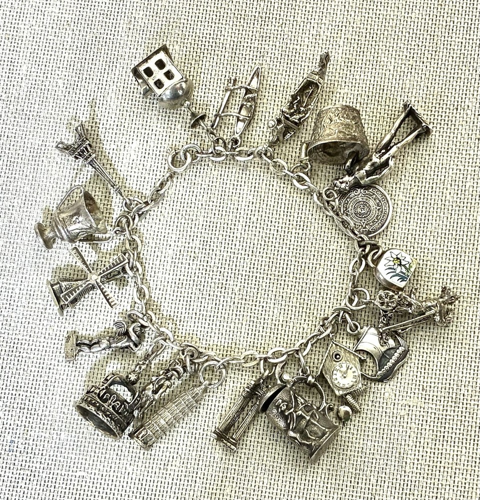 Vtg 800 Silver Charm Bracelet 900 Charms Travel Italy Europe Gondola Eiffel 50g