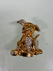 Vintage Gold Tone Puppy Dog Brooch Pin Green Rhinestone Eyes Pave Crystals Bone