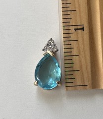 VTG Gold Pear Shape Blue Topaz Pendant With Clear Rhinestones Open Back Gold