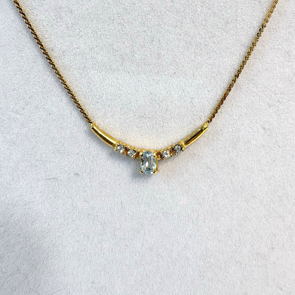 Vintage Genuine Blue Topaz Gemstone Necklace Rhinestones Gold Tone 17″