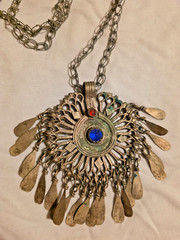 Vintage Kuchi Afghan Sunburst Pendant Necklace Brass Tribal Blue Red Glass Boho