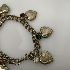 Vintage Heart Charm Bracelet Rhinestone Gold Tone Link Multicolor Retro Jewelry