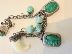 Vintage Silver Tone Charm Bracelet Faux Jade Tusk Boho Missing Stone Repair