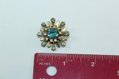 Vintage Brooch Floral Design Pin Silver-tone Alloy With Blue & Clear Stones