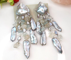 SIGNED MONIES VTG MASSIVE BAROQUE PEARL CRYSTAL 4.5″ DROP EARRINGS UNIQUE RUNWAY