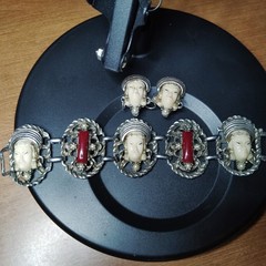 Vintage Many Faces of Selro Selini Figural Bracelet & Matching Clip-on Earrings