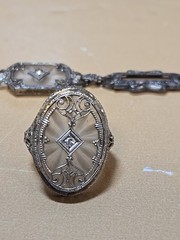 1930s Art Deco Childs CAMPHOR Glass Sterling Filigree & Diamond Bracelet & Ring