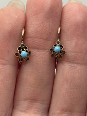 Antique 14k Yellow Gold & Turquoise Blue Buttercup Kidney Wire French Earrings