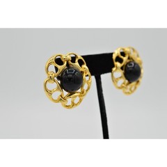 Vintage Cabochon Earrings Chain Link Round Gold Black Beaded Chunky NOS 1980s 9H