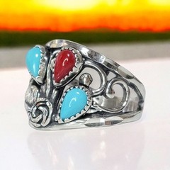 Wheeler MFG Sterling Silver Sleeping Turquoise Coral Diamond Cut Rose Leaf Ring