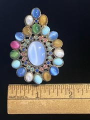 Vintage Rainbow thermoset moonglow cabochon cluster And Rhinestone Dress clip