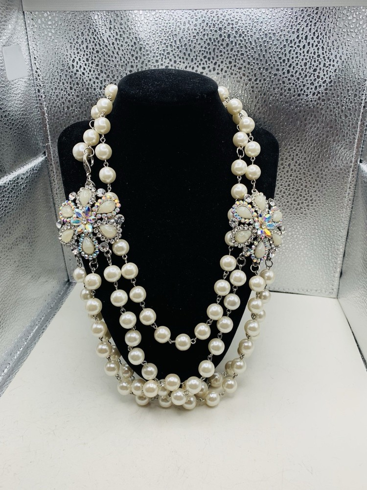 Dazzling AB Rhinestone Vintage Hollywood Glamorous Layered Faux Pearl Necklace