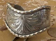 Vintage Premium Western Hand Engraved Sterling Silver Signed Moses Cuff Bracelet