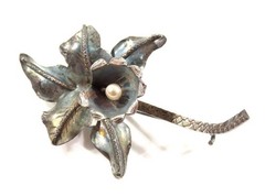 VTG Sterling Silver Orchid Flower Brooch 2in Faux Pearl Center Patina Estate