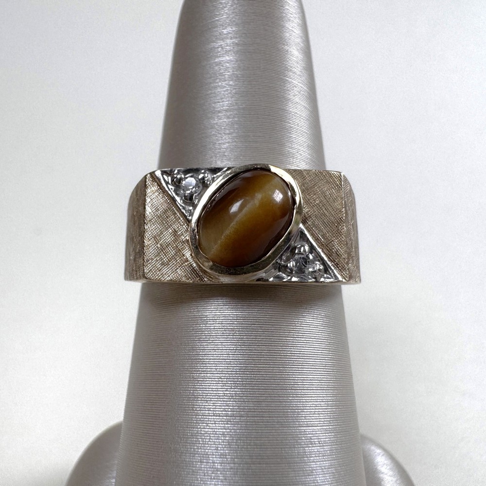 10K Tiger’s Eye-Diamond Unisex Ring, Florentine Finish Yellow Gold, Estate Band