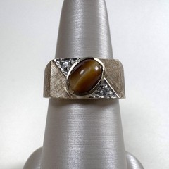 10K Tiger’s Eye-Diamond Unisex Ring, Florentine Finish Yellow Gold, Estate Band