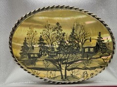 Vintage Russian ABA ’73 Hand-Painted Mother of Pearl Brooch Winter Scene Soviet