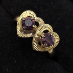 Vintage Double Heart Ring Gold Tone Purple Rhinestone Adjustable Love Retro