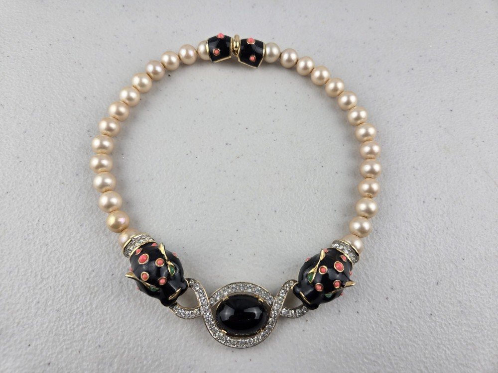 Signed Vintage Joseph Mazer JOMAZ Panther Strand Faux Pearl Beaded Necklace RARE