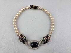 Signed Vintage Joseph Mazer JOMAZ Panther Strand Faux Pearl Beaded Necklace RARE